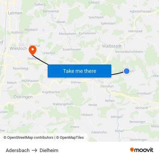 Adersbach to Dielheim map