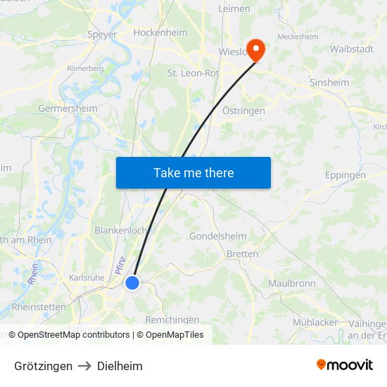 Grötzingen to Dielheim map