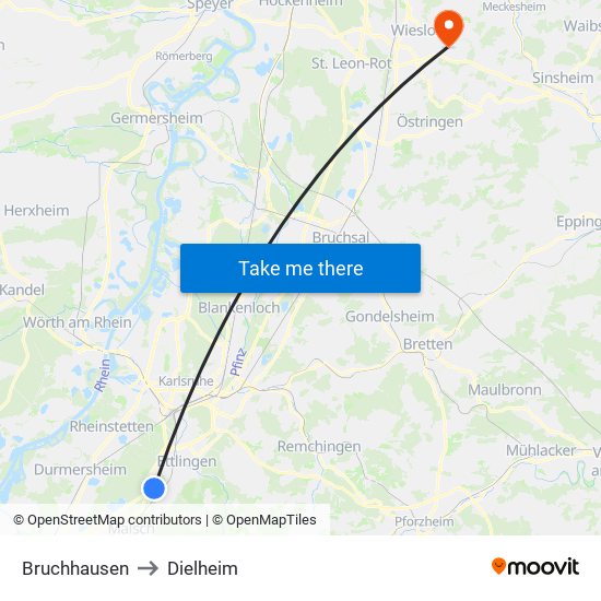 Bruchhausen to Dielheim map