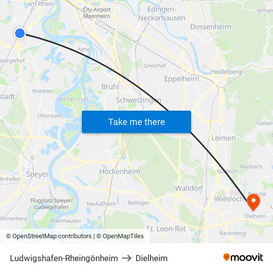 Ludwigshafen-Rheingönheim to Dielheim map