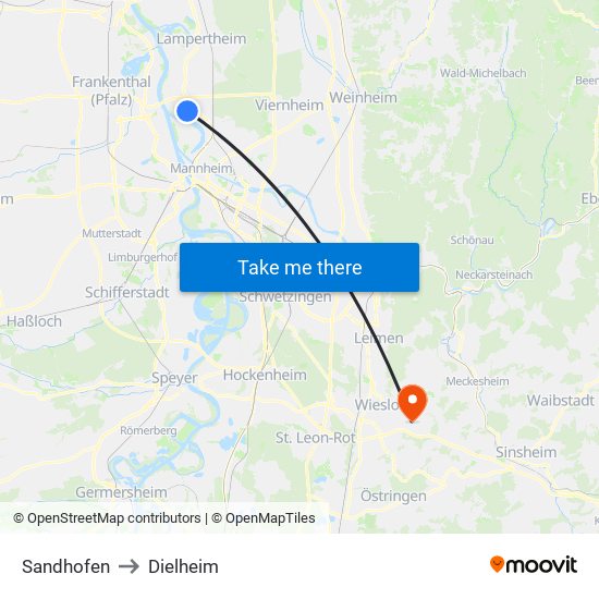 Sandhofen to Dielheim map