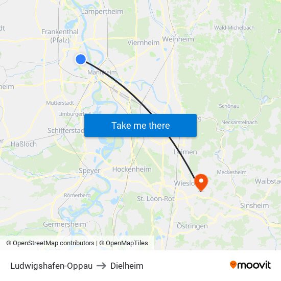 Ludwigshafen-Oppau to Dielheim map