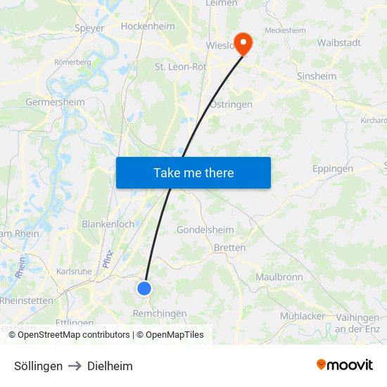 Söllingen to Dielheim map