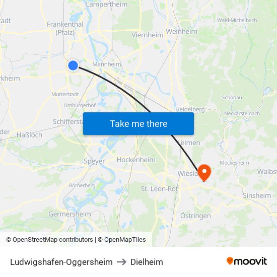 Ludwigshafen-Oggersheim to Dielheim map