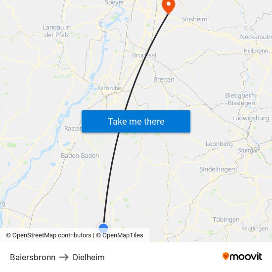 Baiersbronn to Dielheim map