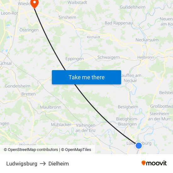 Ludwigsburg to Dielheim map