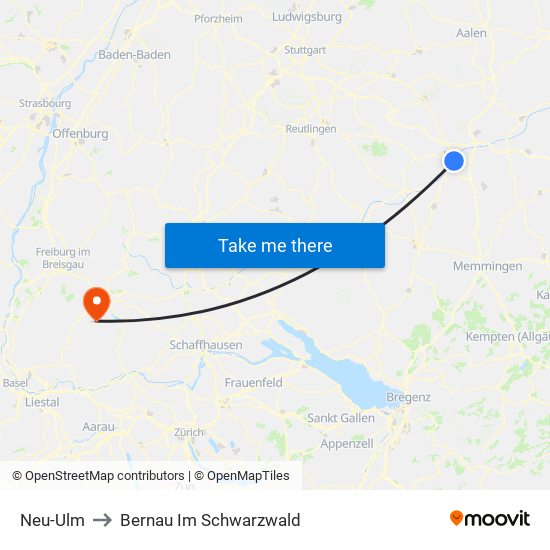 Neu-Ulm to Bernau Im Schwarzwald map