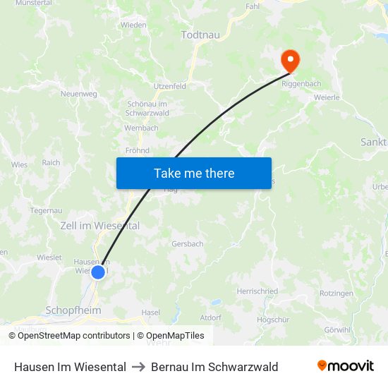 Hausen Im Wiesental to Bernau Im Schwarzwald map