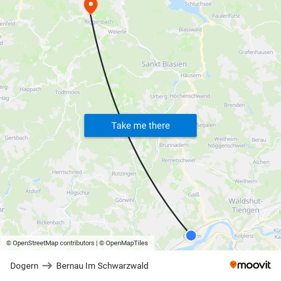 Dogern to Bernau Im Schwarzwald map