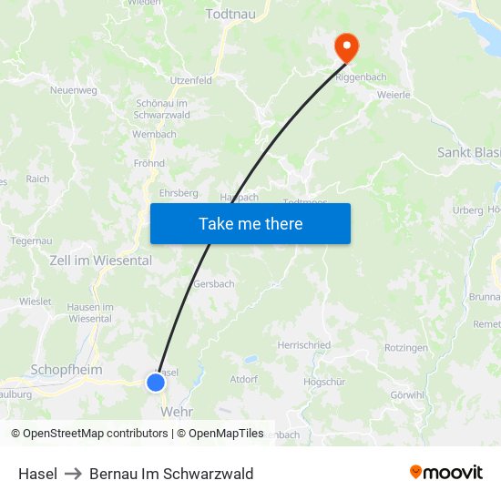 Hasel to Bernau Im Schwarzwald map