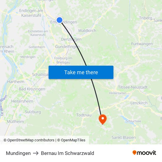 Mundingen to Bernau Im Schwarzwald map