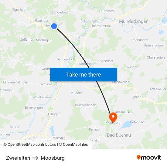 Zwiefalten to Moosburg map