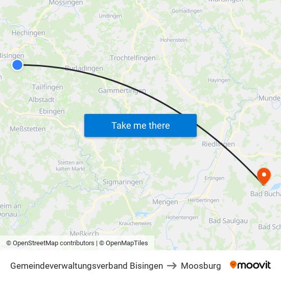 Gemeindeverwaltungsverband Bisingen to Moosburg map