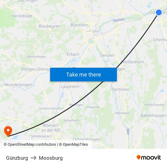 Günzburg to Moosburg map