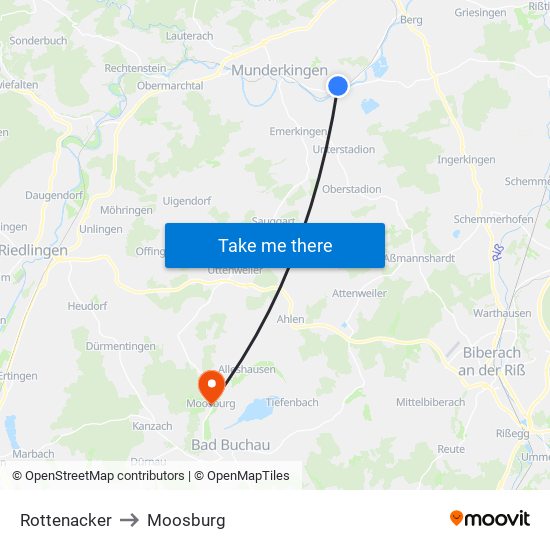 Rottenacker to Moosburg map