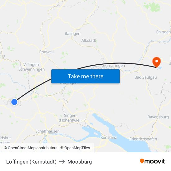 Löffingen (Kernstadt) to Moosburg map