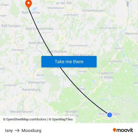 Isny to Moosburg map