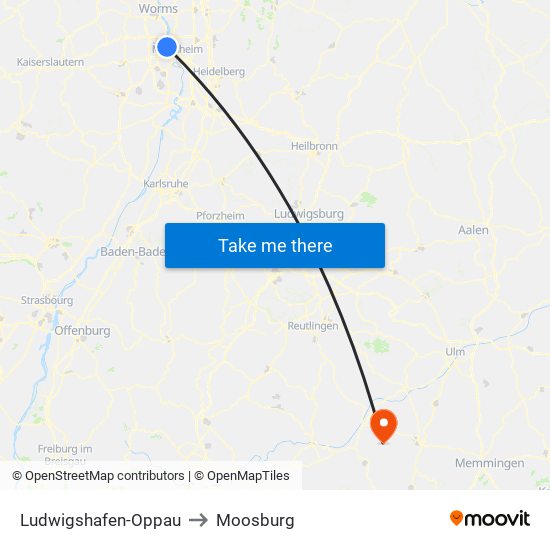 Ludwigshafen-Oppau to Moosburg map