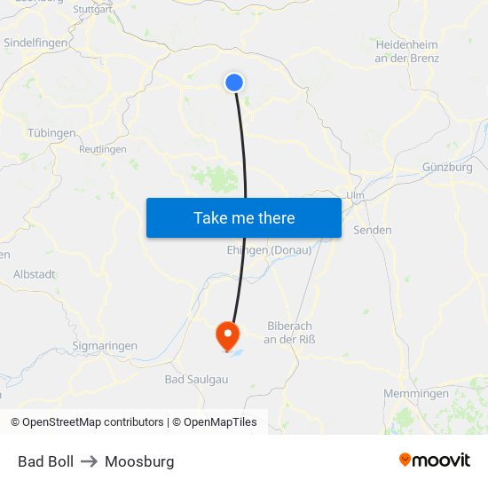 Bad Boll to Moosburg map