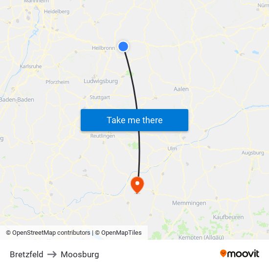 Bretzfeld to Moosburg map