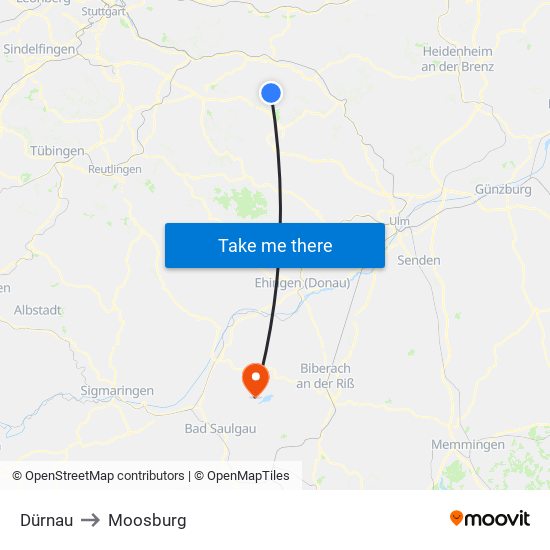 Dürnau to Moosburg map