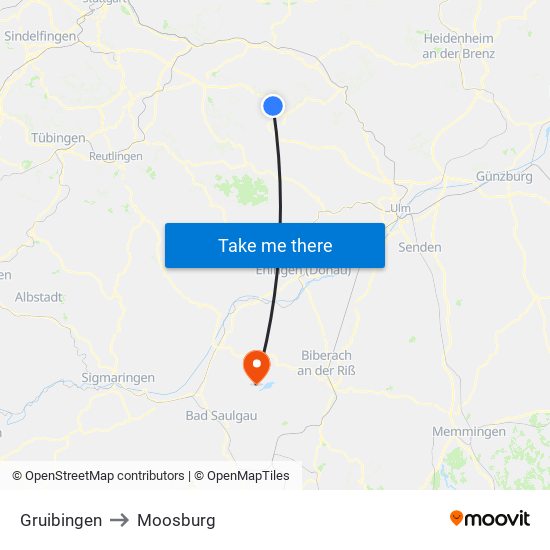 Gruibingen to Moosburg map