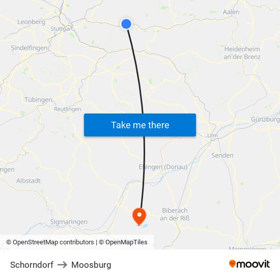 Schorndorf to Moosburg map