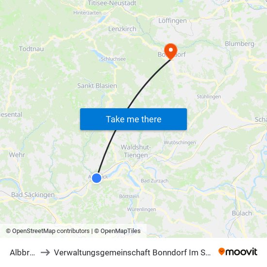 Albbruck to Verwaltungsgemeinschaft Bonndorf Im Schwarzwald map