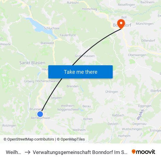 Weilheim to Verwaltungsgemeinschaft Bonndorf Im Schwarzwald map