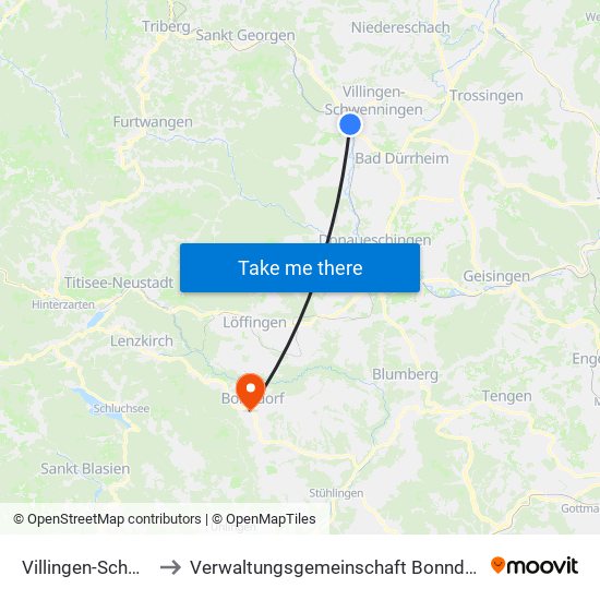 Villingen-Schwenningen to Verwaltungsgemeinschaft Bonndorf Im Schwarzwald map