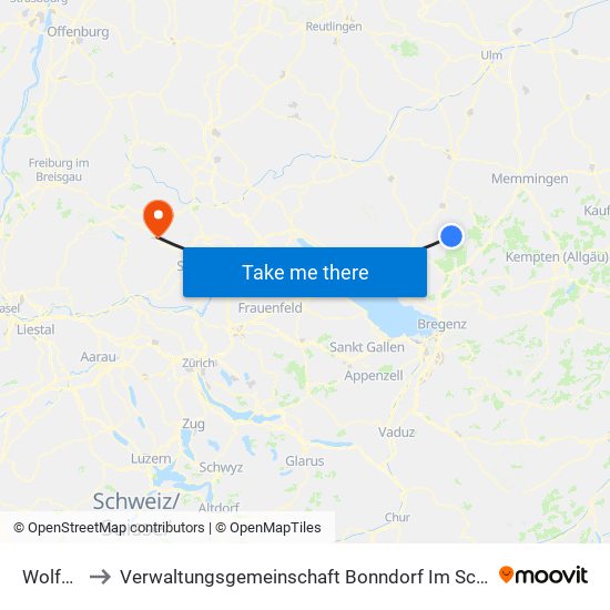 Wolfegg to Verwaltungsgemeinschaft Bonndorf Im Schwarzwald map