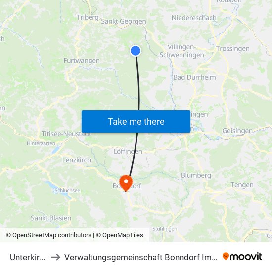 Unterkirnach to Verwaltungsgemeinschaft Bonndorf Im Schwarzwald map