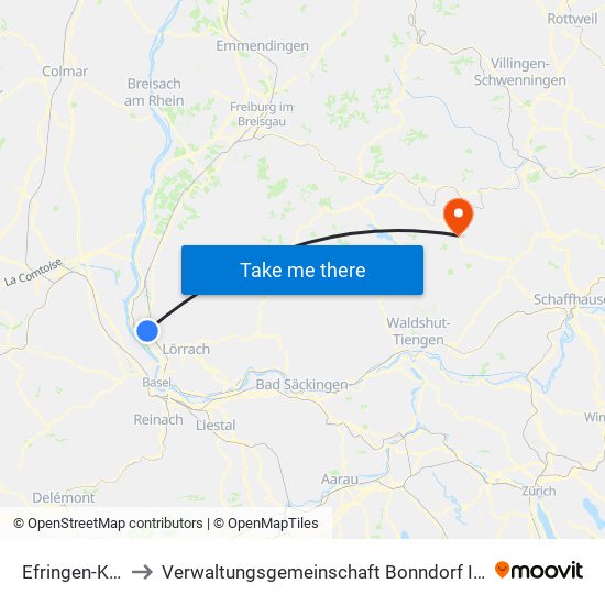 Efringen-Kirchen to Verwaltungsgemeinschaft Bonndorf Im Schwarzwald map