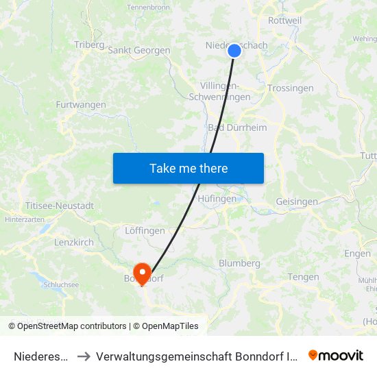 Niedereschach to Verwaltungsgemeinschaft Bonndorf Im Schwarzwald map