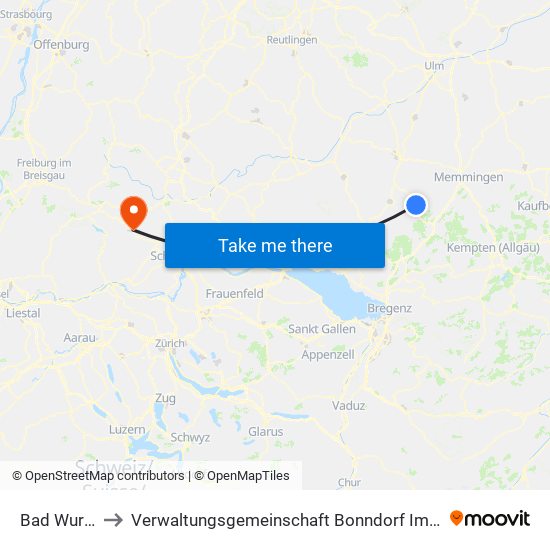 Bad Wurzach to Verwaltungsgemeinschaft Bonndorf Im Schwarzwald map