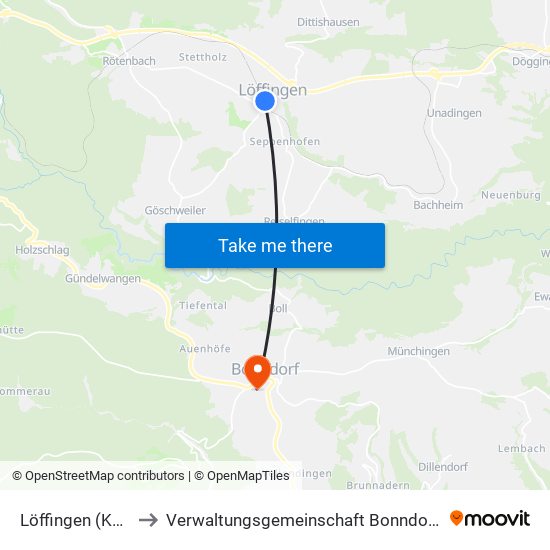 Löffingen (Kernstadt) to Verwaltungsgemeinschaft Bonndorf Im Schwarzwald map
