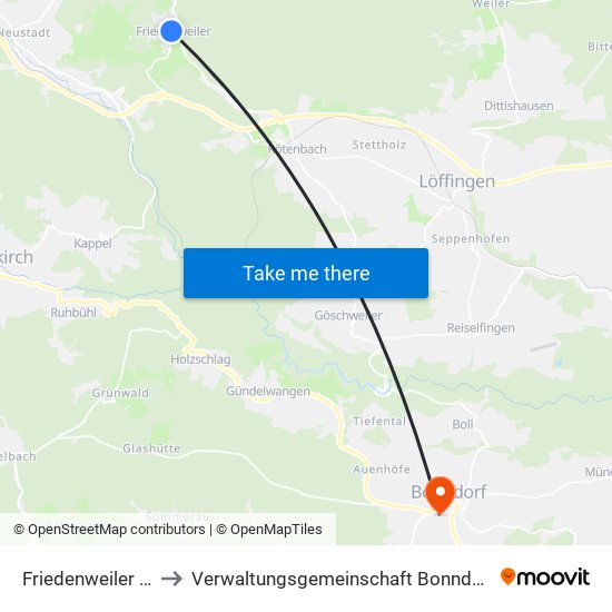 Friedenweiler (Kernort) to Verwaltungsgemeinschaft Bonndorf Im Schwarzwald map