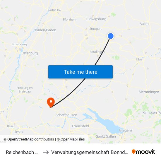 Reichenbach An Der Fils to Verwaltungsgemeinschaft Bonndorf Im Schwarzwald map