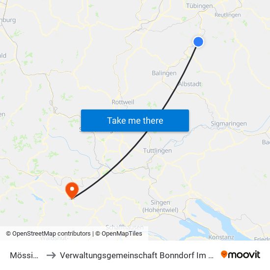 Mössingen to Verwaltungsgemeinschaft Bonndorf Im Schwarzwald map