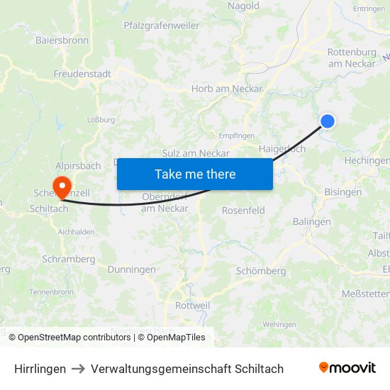 Hirrlingen to Verwaltungsgemeinschaft Schiltach map