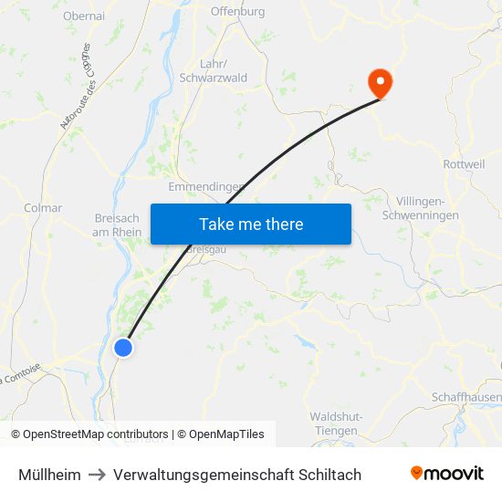 Müllheim to Verwaltungsgemeinschaft Schiltach map