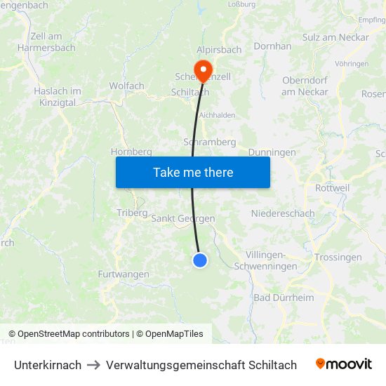 Unterkirnach to Verwaltungsgemeinschaft Schiltach map