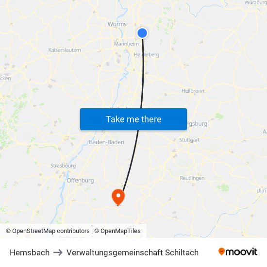 Hemsbach to Verwaltungsgemeinschaft Schiltach map