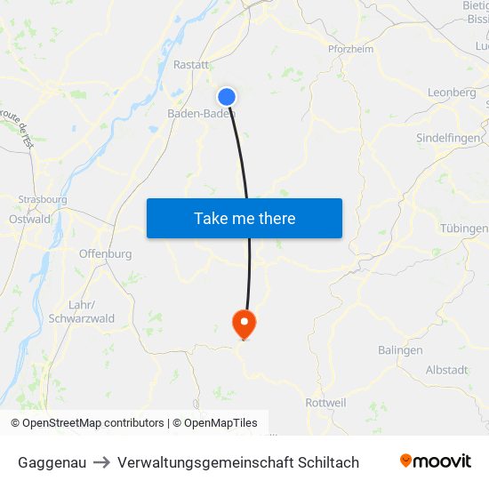 Gaggenau to Verwaltungsgemeinschaft Schiltach map