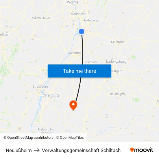 Neulußheim to Verwaltungsgemeinschaft Schiltach map