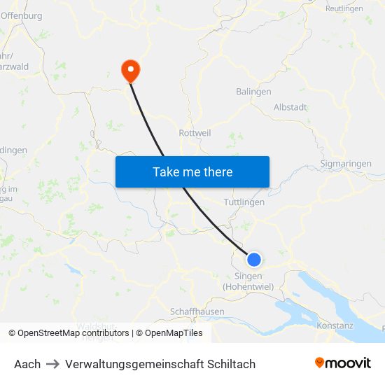 Aach to Verwaltungsgemeinschaft Schiltach map