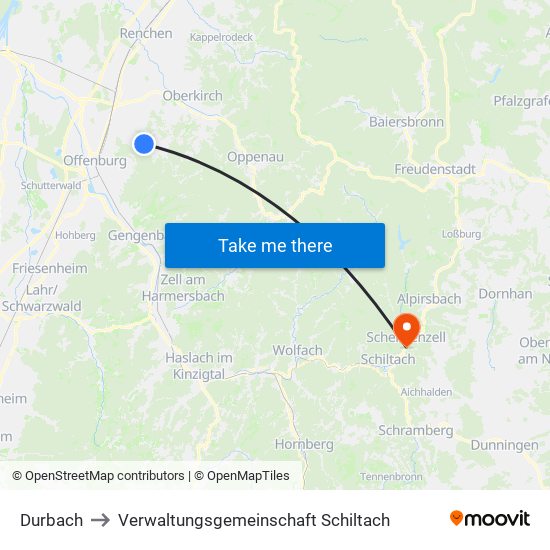 Durbach to Verwaltungsgemeinschaft Schiltach map