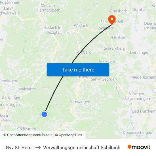 Gvv St. Peter to Verwaltungsgemeinschaft Schiltach map