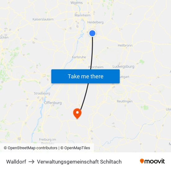 Walldorf to Verwaltungsgemeinschaft Schiltach map