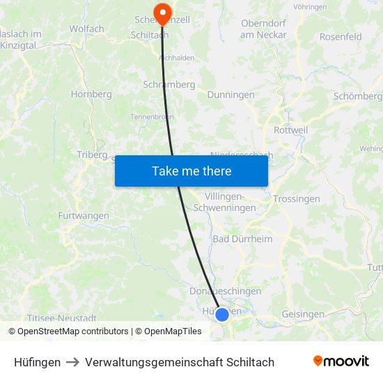 Hüfingen to Verwaltungsgemeinschaft Schiltach map